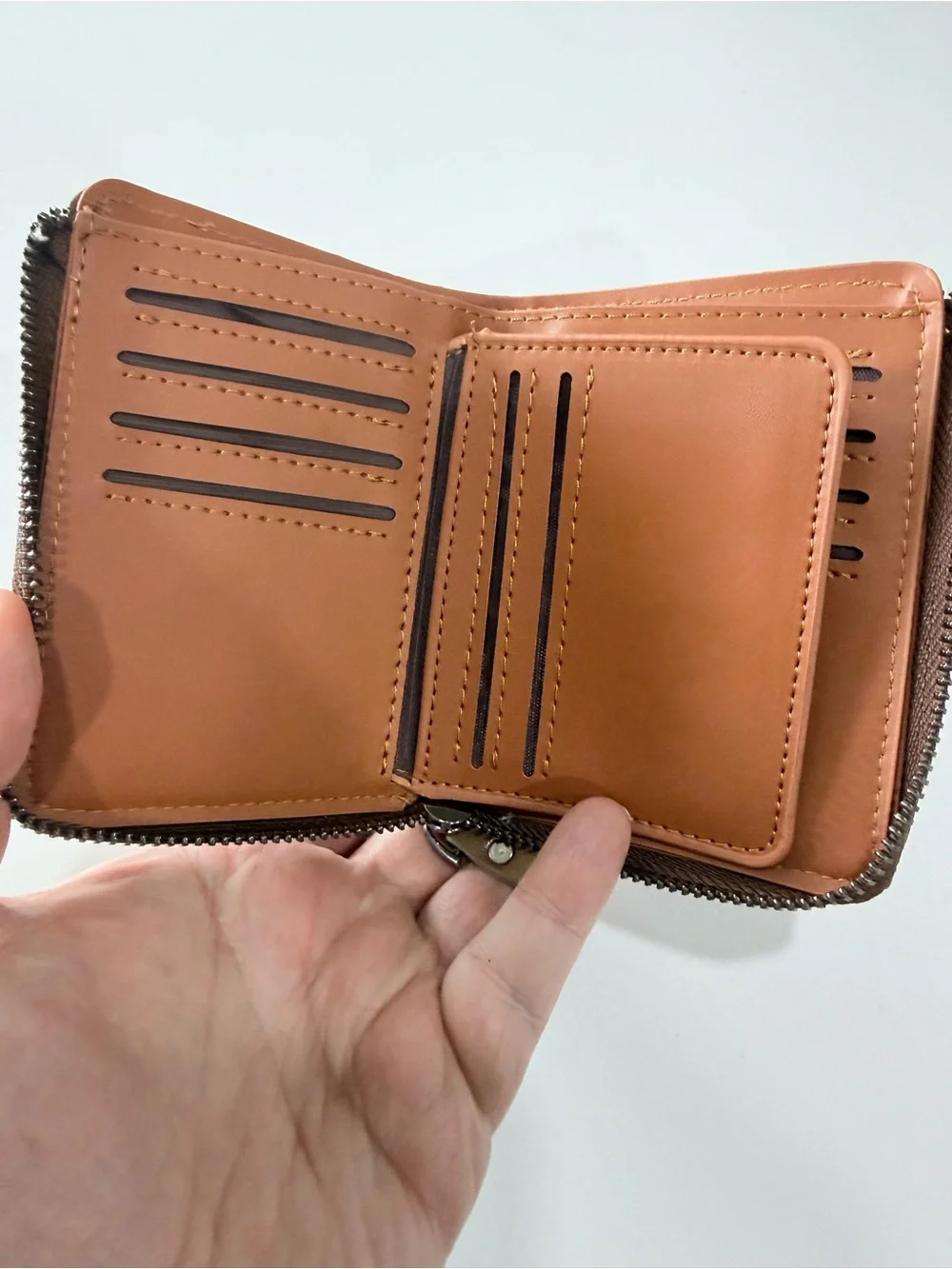 Brown Leather Zip Card Wallet with Contrast Stitching